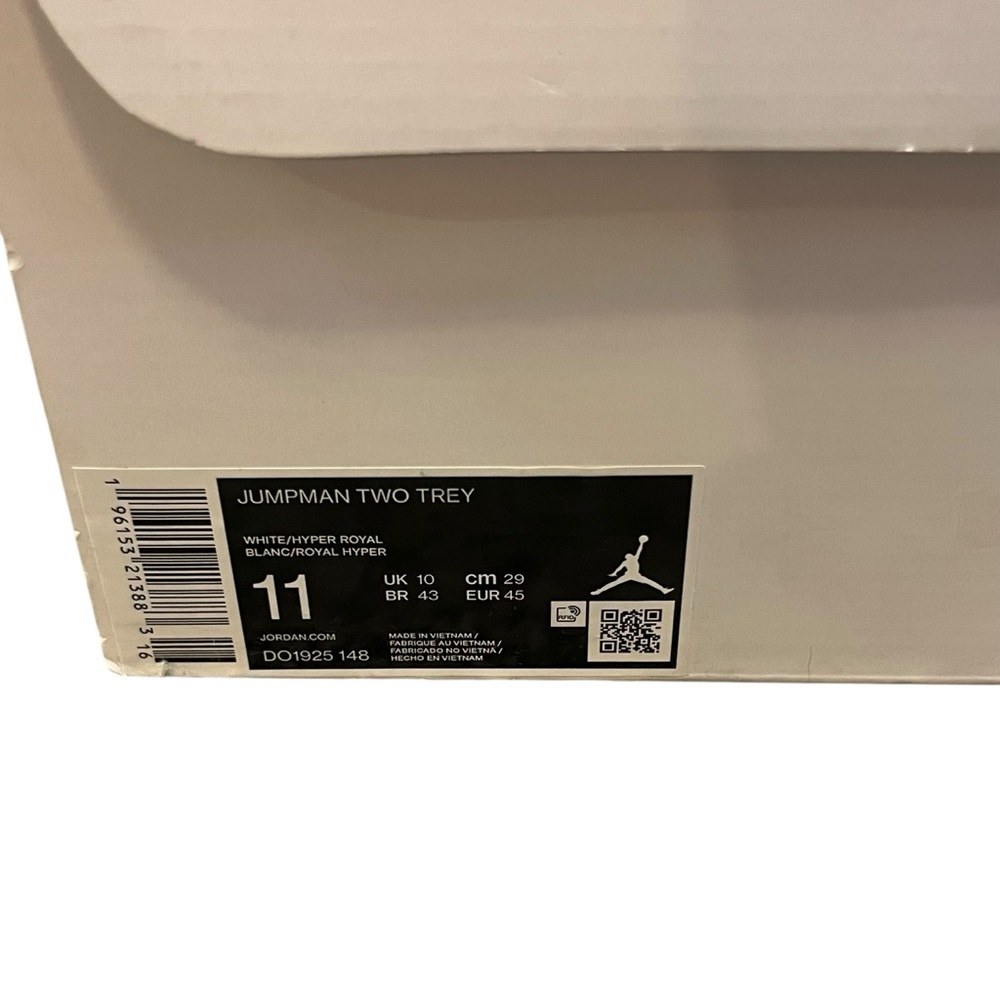 Jordan Jumpman Two Trey White Hyper Royal Men's Basketball Shoes in box size 11 - Picture 10 of 11